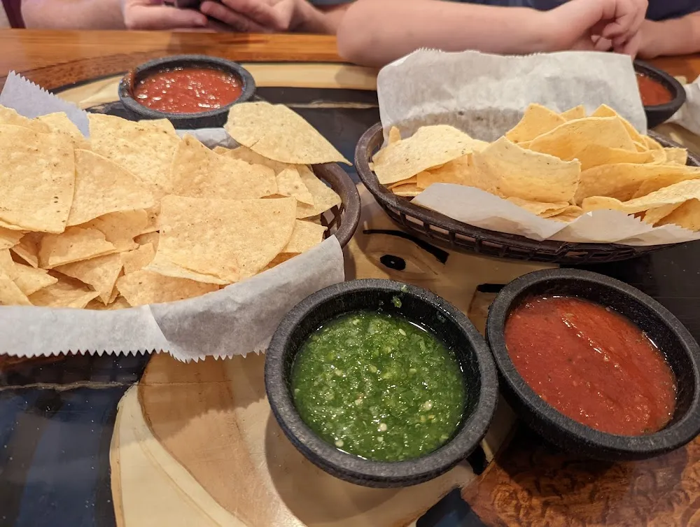 Queso Red Salsa Special Hot Green Salsa Jalapenos and Chips